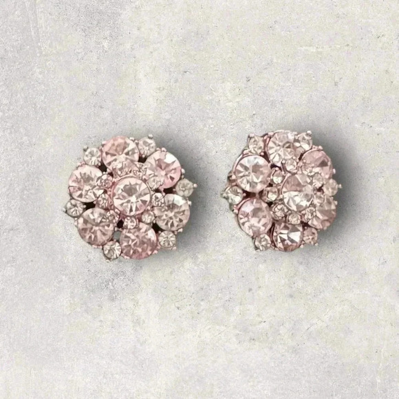 Clear Layered Rhinestone High End Gold Tone Pink Jewels Studs - Picture 1 of 4